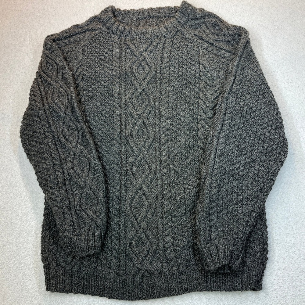 Handmade Mens Cable Knit Wool Fisherman Sweater Gray Crew Neck Heavy Chunky